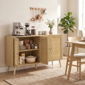 Rattan skænk med 4 døre, boho køkkenbuffet med 2 justerbare hylder, naturligt trælook