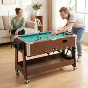 3-i-1 multispilbord, drejeligt multifunktionsbord med billardbord, bordfodbold, airhockey og opbevaringsrum