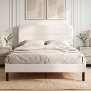 Sengestel 140 x 200 cm med justerbar hovedgærde, polstret seng i linned-look med 12 krydsfinerlameller, beige