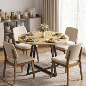 Rundt spisebord til 4 personer, rundt køkkenbord, stålstel, 100 cm, natursort
