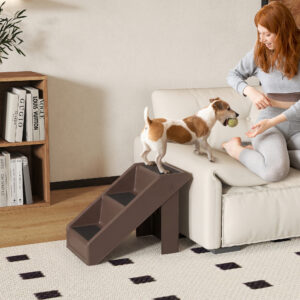 Hundetrappe, 3 trin, 36,5 cm høj, foldbar kæledyrstrappe til små hunde, til seng, sofa, divan, bil, brun