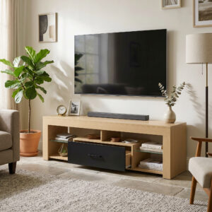 TV-lavbord til fjernsyn op til 65 tommer, moderne TV-skab med justerbare glashylder, eg