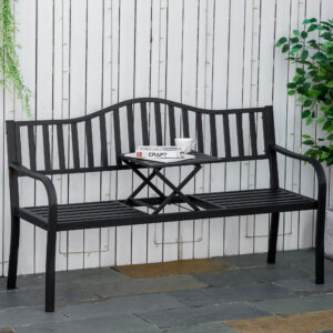 Havebænk med udtrækkeligt bord til 2-3 personer, metal parkbænk, terrassebænk, havemøbler, sort, 150x58,5x90cm