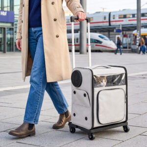 Kæledyrstaske med hjul, foldbar transportkasse til hunde og katte op til 5 kg, åndbar trolley, grå