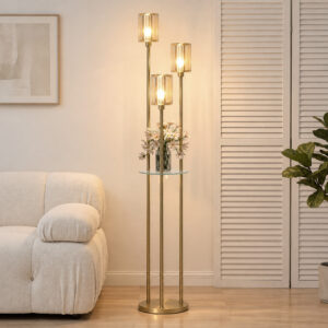 Gulvlampe med hylde, 3-lysende glasskærme, gulvlampe med glasbord, 177 cm, guld