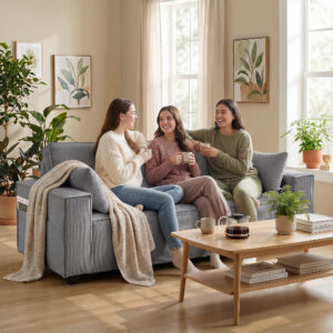 218 cm 3-personers sofa, moderne fløjlssofa med pocketfjederbetræk, brede armlæn og 2 hynder, lysegrå