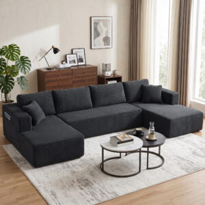 Modulær U-formet sofa med 2 chaiselonger, corduroy sovesofa med højdensitetsskum og fjedrebetræk, mørkegrå