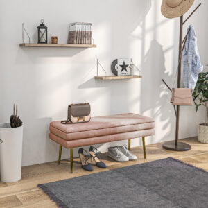 Fløjlsbetrukket opbevaringsbænk med stålben, skobænk, opbevaringsbænk til stue, soveværelse, lyserød, 100 x 37,5 x 42 cm