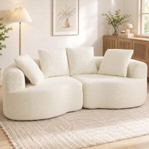 3-personers sofa, 207 cm, Cloud sofa med chenille-look, 4 puder til soveværelset, værktøjsfri montering, cremehvid