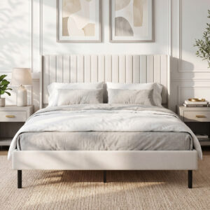 Sengestel 140 x 200 cm med justerbar hovedgærde, polstret seng med 12 lameller, beige