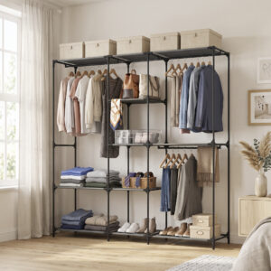 Transportabel tekstilgarderobe, værktøjsfri montering, med 3 garderobestativer og 5 hylder, 182 x 43 x 182 cm, sort