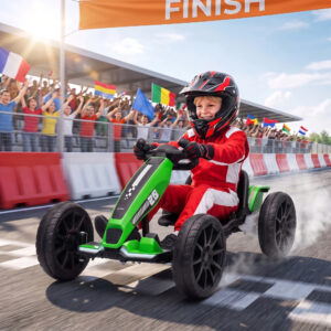 Elektrisk gokart til børn, 12V gokart med 2 motorer, 4-vejs justerbart sæde, blød start, EVA-hjul, LED-forlygter