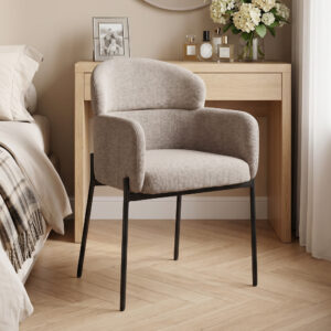 Lænestol, loungestol til stuen med chenille-look, armlæn, metalben til soveværelse, lysebrun