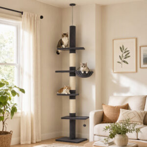 Kradsetræ, lofthøjt, 225-255 cm højdejusterbart, med 5 niveauer, 3 sisal kradsetræer, hængekøje, platforme