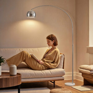 Gulvlampe, buet design med marmorfod, 167 cm, sølv