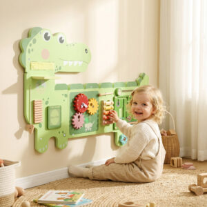 Montessori træaktivitetstavle, dinosaur vægmonteret med xylofon, ur, gear og soundbars