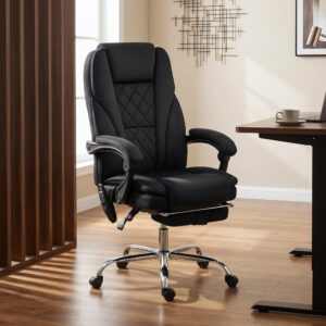 Ergonomisk kontorstol med massagefunktion, fodstøtte, drejefunktion, hjul, sort