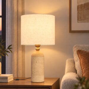 Vintage bordlampe, E27, sengelampe, stofskærm, ledning, 48 cm, beige