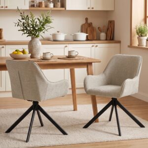 Spisestole, sæt med 2, drejelig køkkenstol med armlæn, metalstel til stue, spisestue, beige