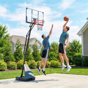 Mobil basketballkurv, højdejusterbar fra 2,45-3,05 m, brudsikker bagplade, håndsvinghøjdejustering