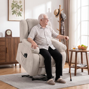 Lænestol med massage- og varmefunktion, elektrisk løftestol, fjernbetjening, sidelommer, beige