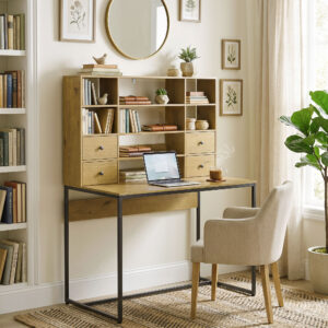 Computerbord med 4 skuffer og hylder, skrivebord 105 cm, naturtræ