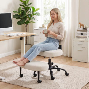 Ergonomisk kontorstol med krydsben, 360° drejelig ADHD-meditationsstol med hjul og højdejustering, cremehvid