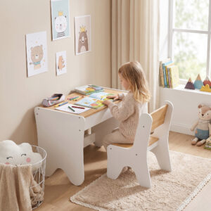 Børnebord og stol, 2-delt børnesædesæt med skuffe, afrundede kanter, pladsbesparende, til børn i alderen 3-8 år