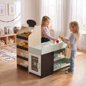 Børnelegebutik med tavle, legemad, scanner, kasseapparat, sidehylder, 44 trælegebutikstilbehør til børn i alderen 3-6 år