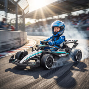 Mercedes-AMG PETRONAS F1 12V elektrisk gokart til børn, gokart med litiumbatteri, 2 motorer, blød start