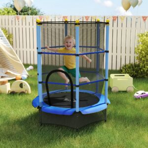 Børnetrampolin Ø140 cm, Trampolin med sikkerhedsnet, Kantbetræk, Havetrampolin til børn 3-10 år, Belastningskapacitet op til 50 kg, Blå