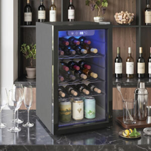 Vinkøleskab til 24 flasker, 68 liters kapacitet, 4-16 °C, fritstående enhed til drikkevarer, øl og vin med glaslåge, sort