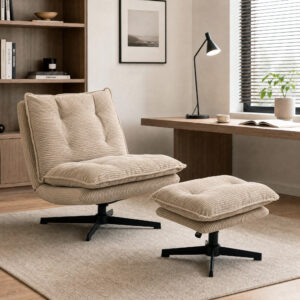 Loungestol med fodskammel, 360° drejelig, corduroy-polstring, højdejusterbar fodstøtte, beige