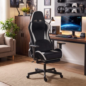 Gamingstol med massage og opvarmet lændehynde, ergonomisk, linnedlook, 3D-armlæn, nakkestøtte, sort