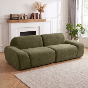 3-personers sofa, rund og rammeløs, med et generøst siddeområde, tykt polstret, ingen samling nødvendig, mørkegrøn