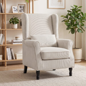 Lænestol, lænestol med armlæn, fløjlslook, loungestol med lændehynde, høj ryglæn, beige