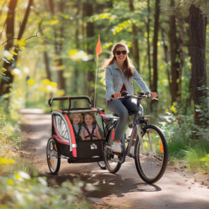 2-i-1 børnecykeltrailer med affjedring, netdør, 360° roterende forhjul og bremse, rød og sort, 142 x 75 x 101 cm