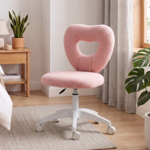 Skrivebordsstol Kontorstol Drejelig Hjemmekontorstol med Hjerteformet Ryglæn, uden Armlæn Højdejusterbar Teddy Fleece Sminkebordsstol til Studieværelse, Pink