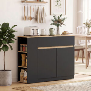 Skænk, buffet, stort skabsrum, 3-lags hylde, skuffe, sort, 110 x 29,5 x 82 cm