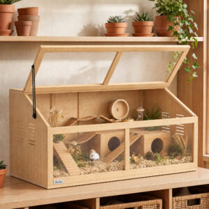 Hamsterbur i træ, 100 x 52 x 50 cm, stort gnaverbur med opbevaringsplads, hængslet tag, akrylvindue, ventilationsåbning og platform.