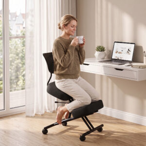Ergonomisk højdejusterbar knælestol til hjemmekontor, knælestol med ryglæn, sort