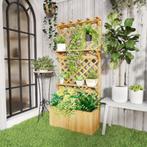 Højbed med espalier, blomsterkasse, 2 hylder, drænhuller, 76 x 33 x 177 cm