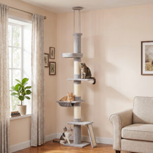 Kradsetræ fra gulv til loft, 230-260 cm højdejusterbart, med 5 niveauer, 3 tykke sisal kradsetræer og et sisal kradsebræt