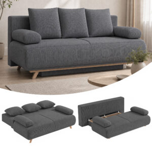 Sovesofa med justerbar ryglæn, sengefunktion, skjult opbevaringsplads og fløjlsbetræk, grå