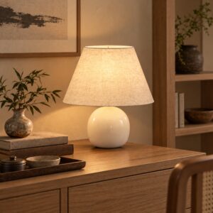 Bordlampe, vintage sengelampe, skrivebordslampe med keramisk fod, linnedskærm, E27-fatning
