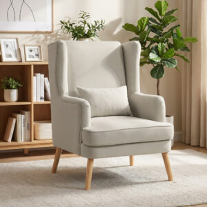 Accentstol, lænestol med linnedlook, høj ryglæn, bredt sæde, lændehynde, beige