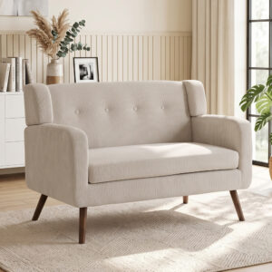 2-personers sofa på 118 cm med fløjlslook og knaplukning. Komfortabel, moderne polstret sofa med træben til små rum.