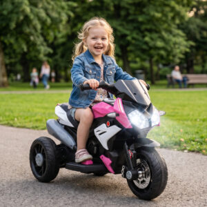 Elektrisk børnemotorcykel, lys og lyd, 3 km/t, genopladelig, plastik og metal, pink/hvid