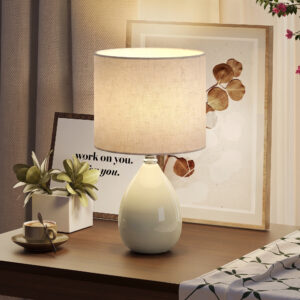 Bordlampe, vintage sengelampe, skrivebordslampe med keramisk fod, linnedskærm, ledning, E27-fatning