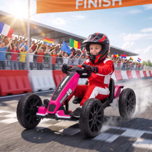 Elektrisk gokart til børn, 12V gokart med 2 motorer, 4-vejs justerbart sæde, blød start, EVA-hjul, LED-forlygter